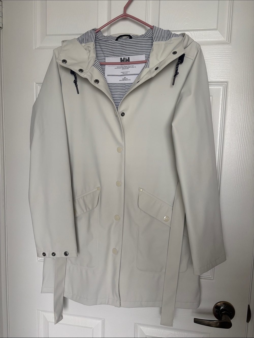 Helly Hansen Cream Waterproof Hooded Trench Coat with Striped Lining